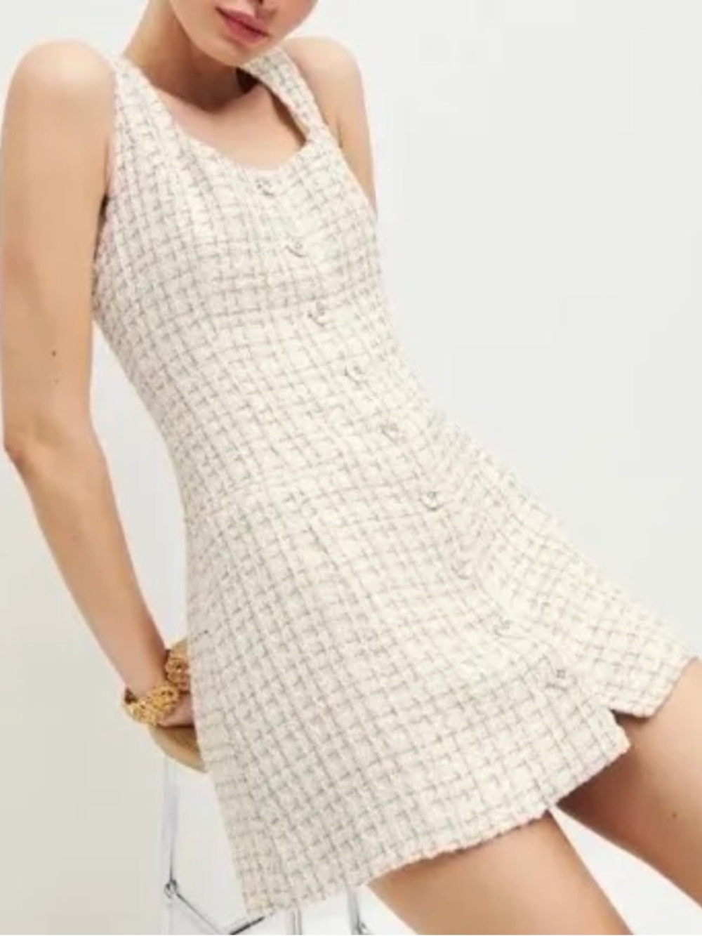 Reformation Cream Tweed Button-Front Mini Dress